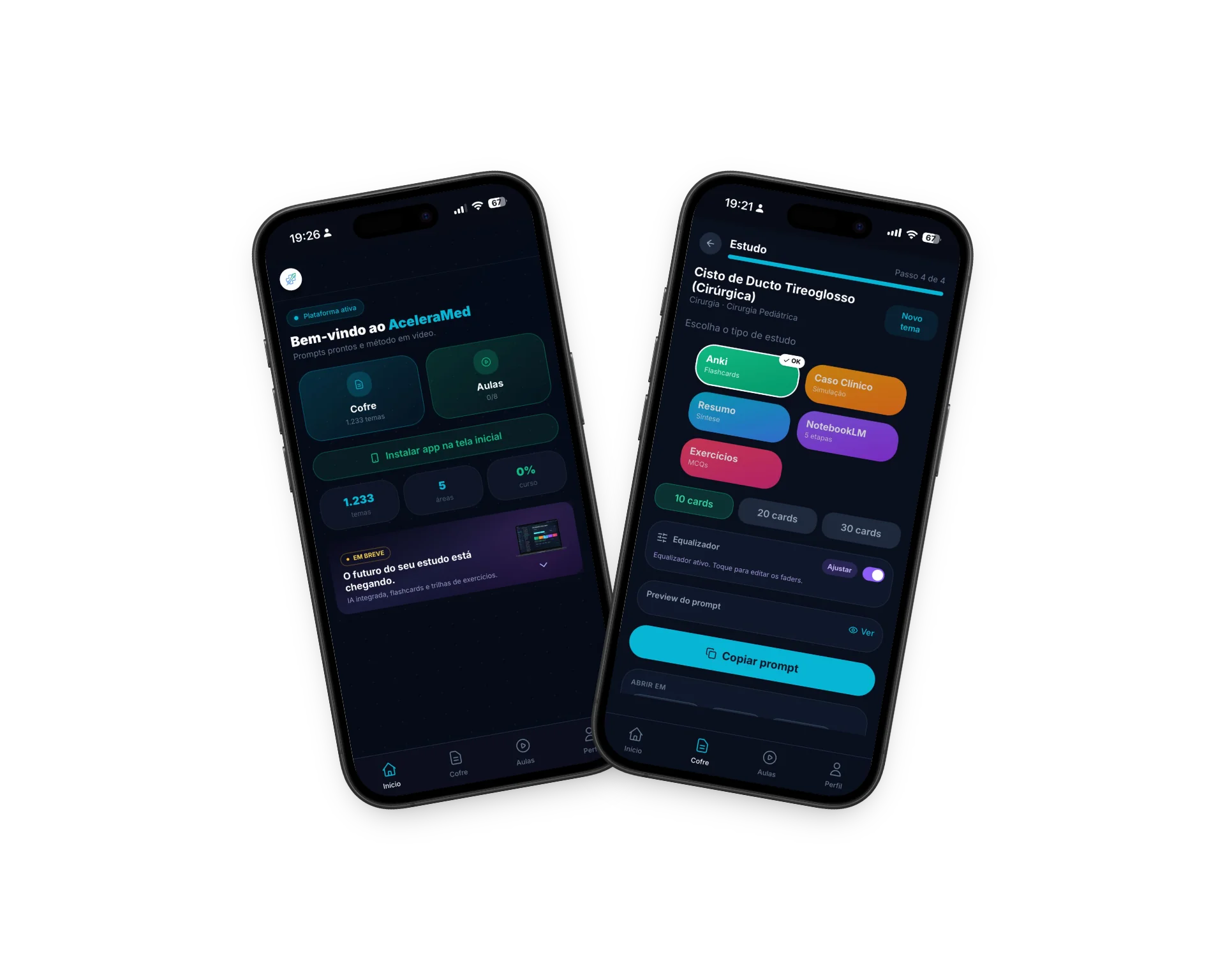 Dashboard do AceleraMed em dois iPhones